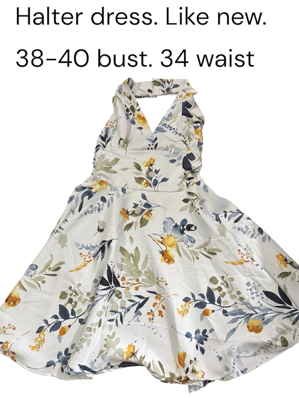 Floral Halter Sundress in White with Yellow & Blue Blossom Print